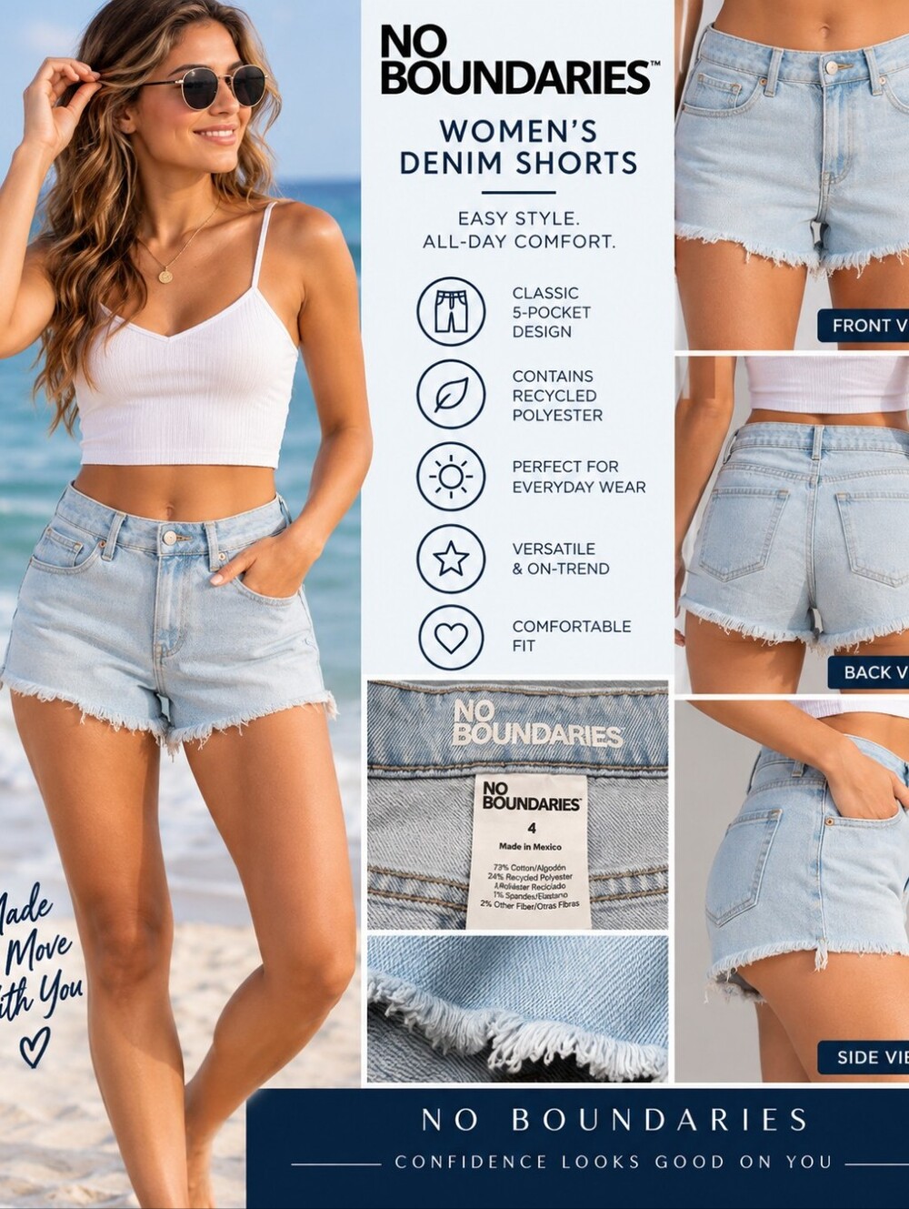 No Boundaries Women’s Light Wash High-Rise Denim Shorts – Size 4 – NWT